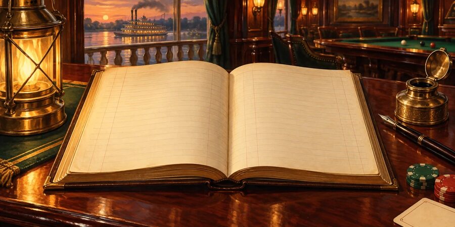 An open ledger book beside a brass lantern on a saloon table — Ledger header art from Pelican Casino