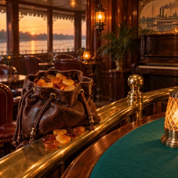 A captain's leather purse full of amber chips on the brass rail