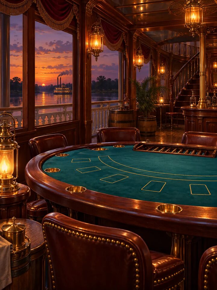 A blackjack table in a mahogany riverboat saloon at dusk, lanterns lit — onboarding art from Pelican Casino